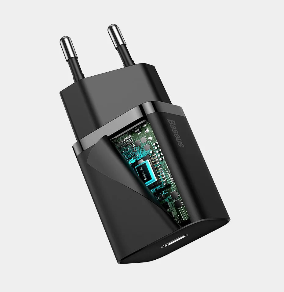Baseus Super Si 20W EU USB-C fast charger in black with European plug pins, compatible with iPhone