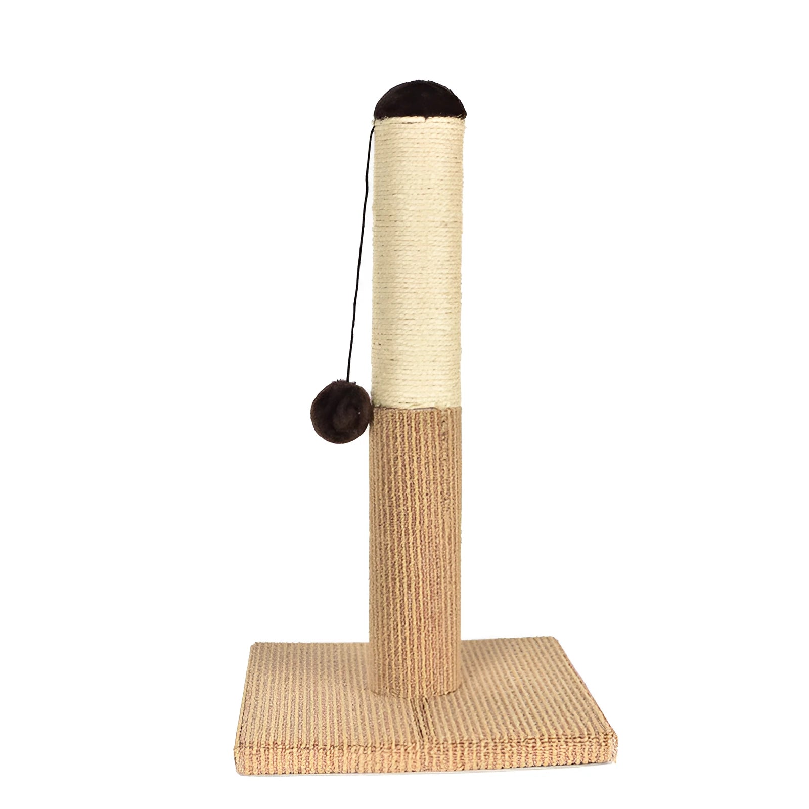 Cat climbing pole with plush top, sisal rope scratching area, toy ball, and round base in gold on a wooden floor