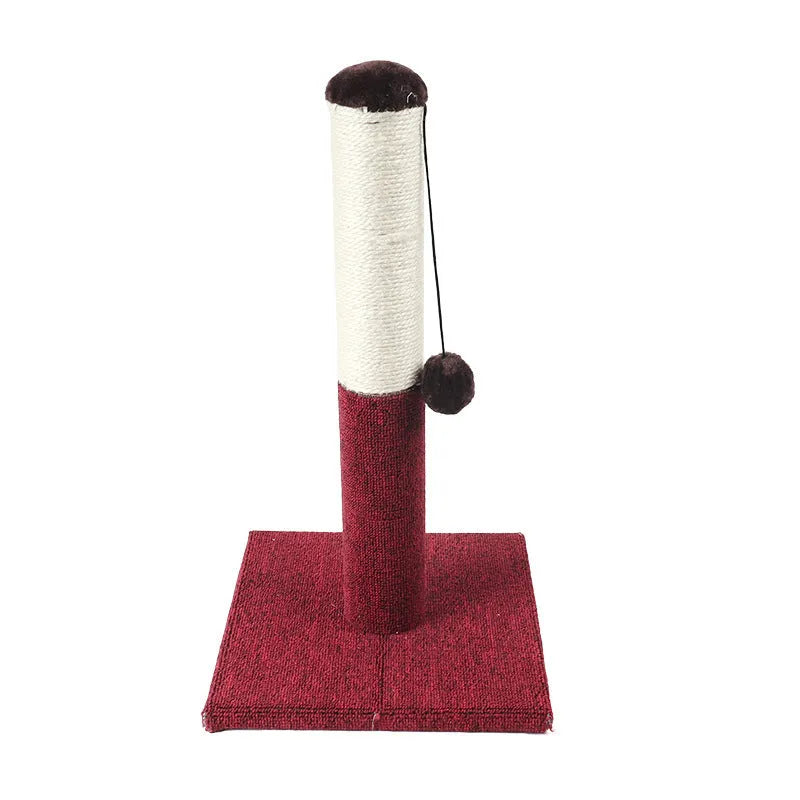 Cat climbing pole with plush top, sisal rope scratching area, toy ball, and round base in gold on a wooden floor