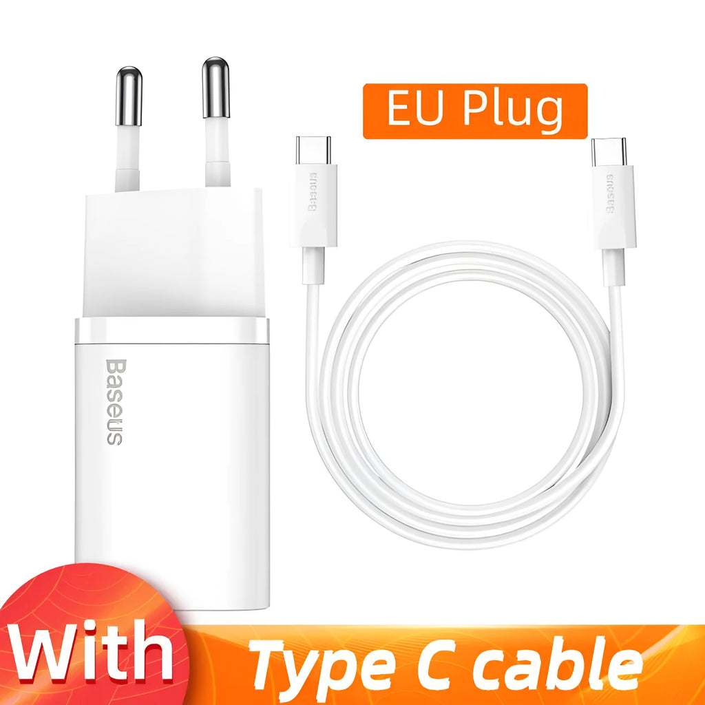 Baseus Super Si 20W EU USB-C fast charger in black with European plug pins, compatible with iPhone