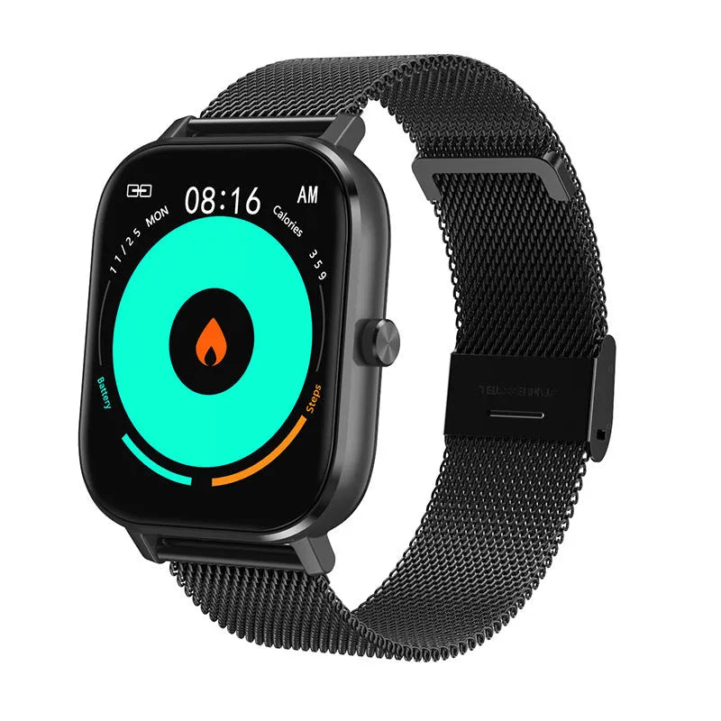 DT35 smart watch with colour screen and silicone strap shown in black on a wrist.