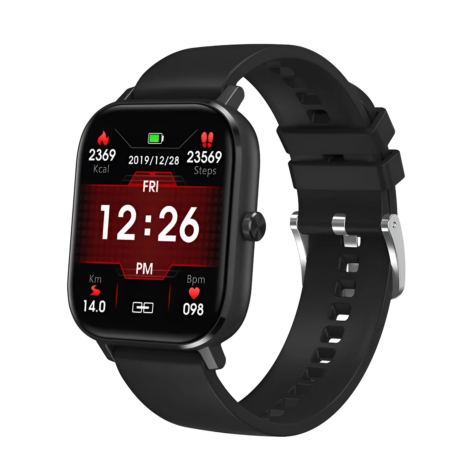 DT35 smart watch with colour screen and silicone strap shown in black on a wrist.