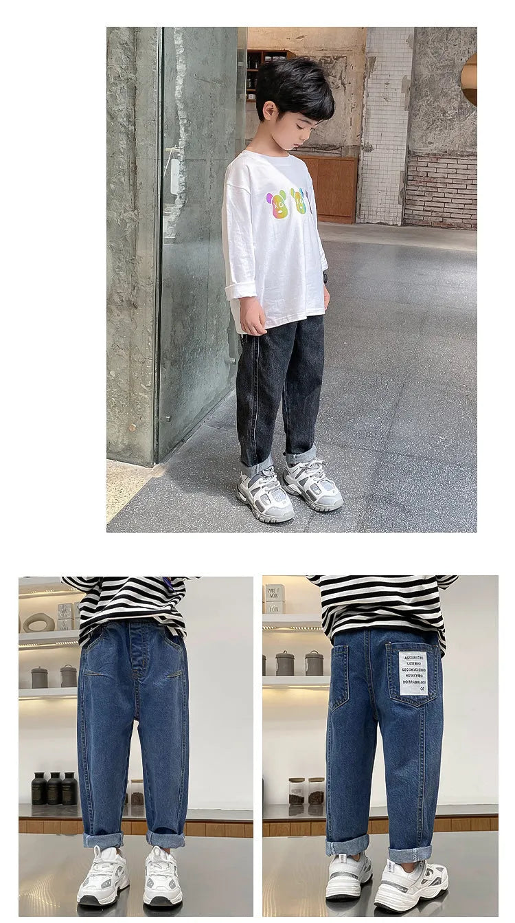 Boys' Korean-style cotton spandex jeans in black and blue for spring autumn, sizes 110cm to 160cm