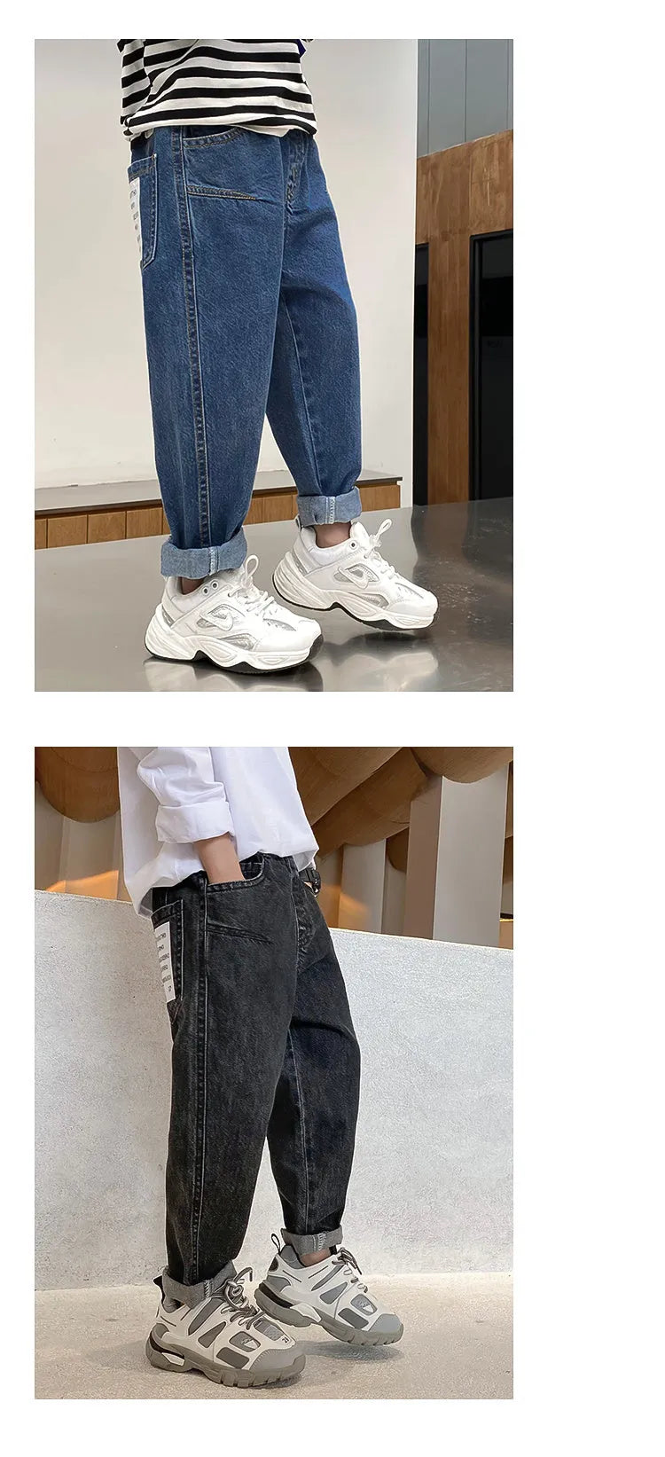 Boys' Korean-style cotton spandex jeans in black and blue for spring autumn, sizes 110cm to 160cm