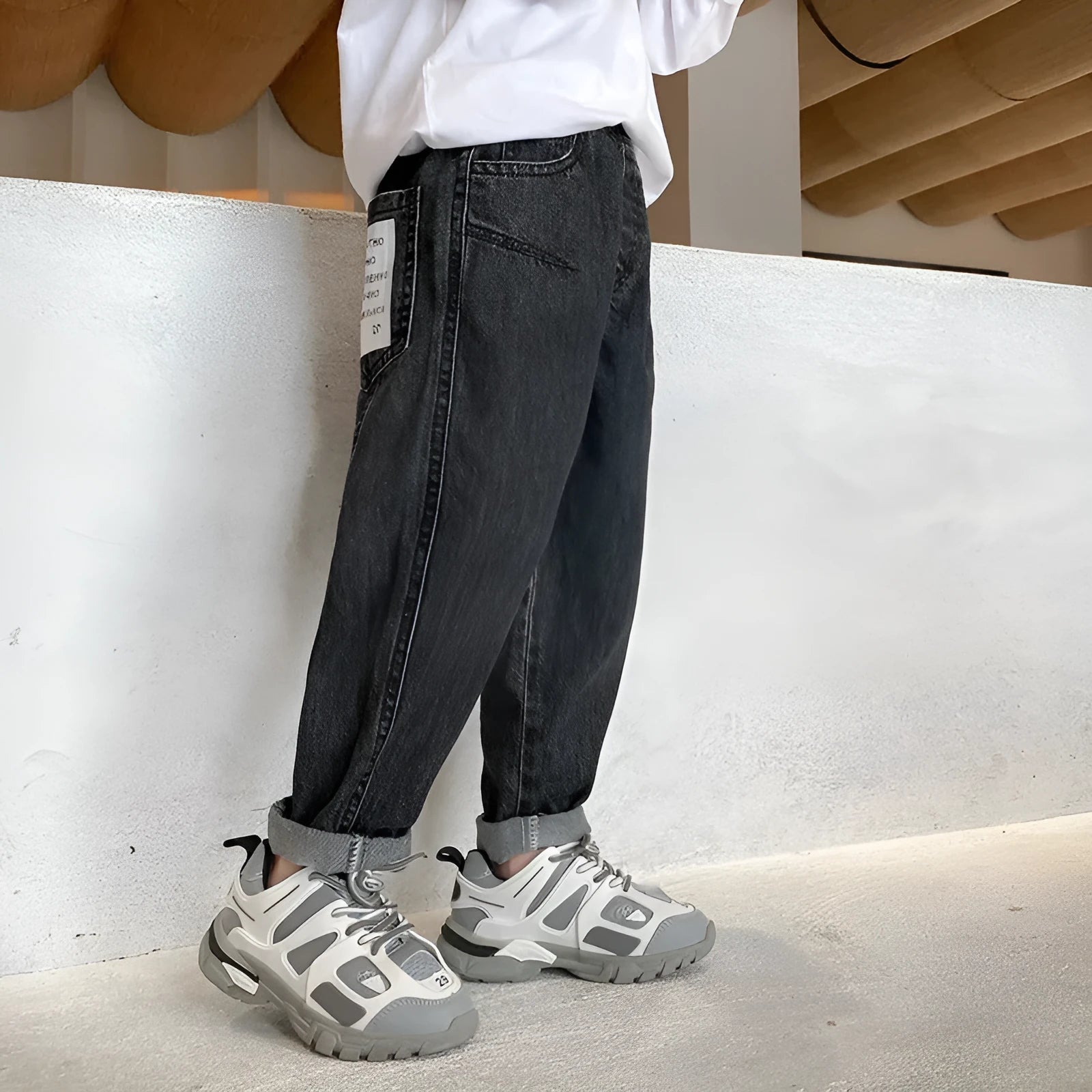 Boys' Korean-style cotton spandex jeans in black and blue for spring autumn, sizes 110cm to 160cm