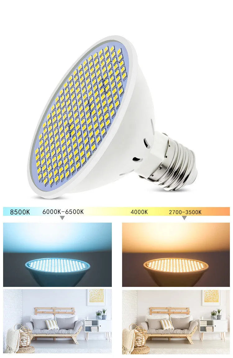 Close-up of a white E27 LED lamp cup bulb with visible SMD beads, showing screw base.