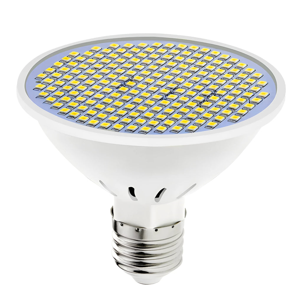 Close-up of a white E27 LED lamp cup bulb with visible SMD beads, showing screw base.