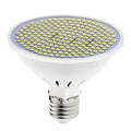 Close-up of a white E27 LED lamp cup bulb with visible SMD beads, showing screw base.