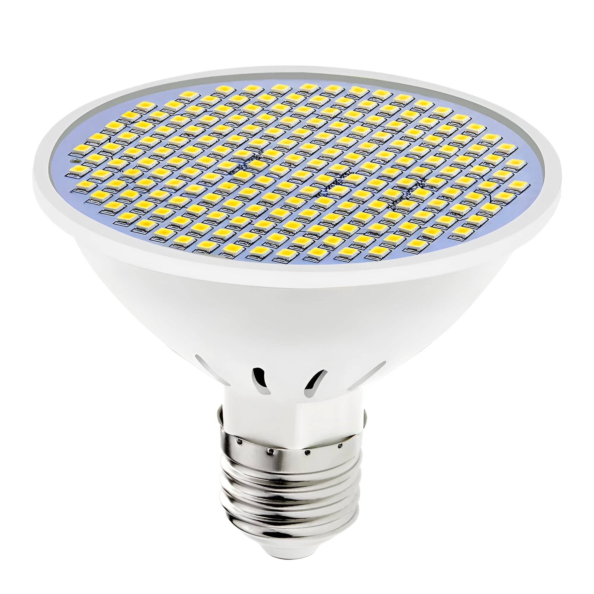 Close-up of a white E27 LED lamp cup bulb with visible SMD beads, showing screw base.