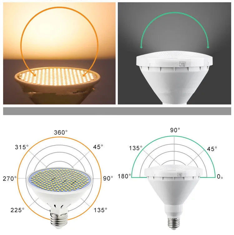 Close-up of a white E27 LED lamp cup bulb with visible SMD beads, showing screw base.