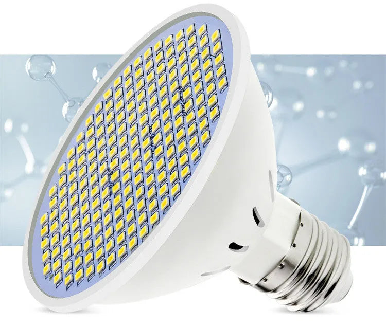 Close-up of a white E27 LED lamp cup bulb with visible SMD beads, showing screw base.