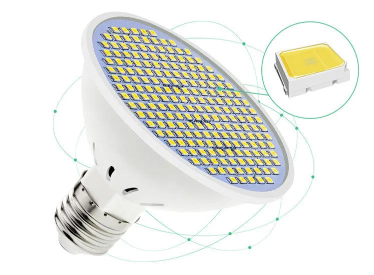 Close-up of a white E27 LED lamp cup bulb with visible SMD beads, showing screw base.