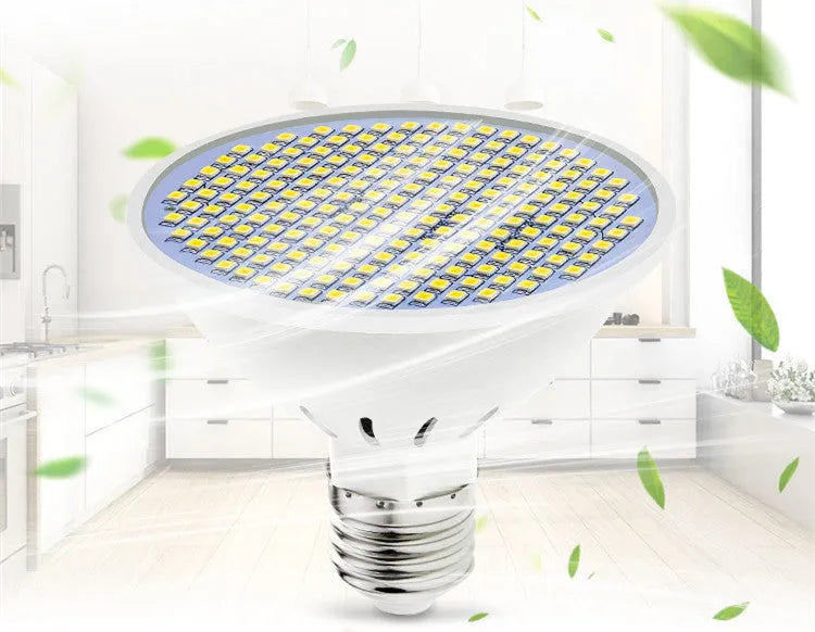 Close-up of a white E27 LED lamp cup bulb with visible SMD beads, showing screw base.