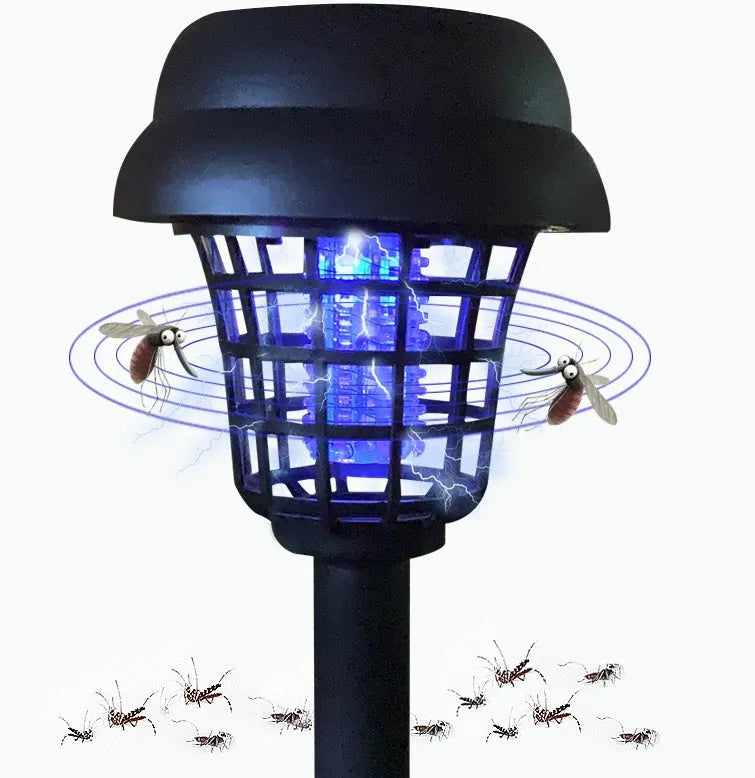 Solar-powered outdoor mosquito killer lamp with white and purple LED lights, IP65 rated for garden use.