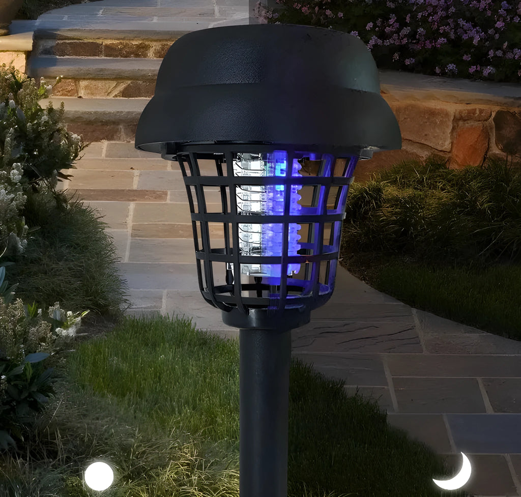 Solar-powered outdoor mosquito killer lamp with white and purple LED lights, IP65 rated for garden use.