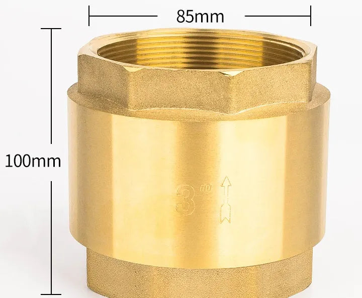 Brass check valve with threaded ends shown in horizontal and vertical orientations for pipe installation.