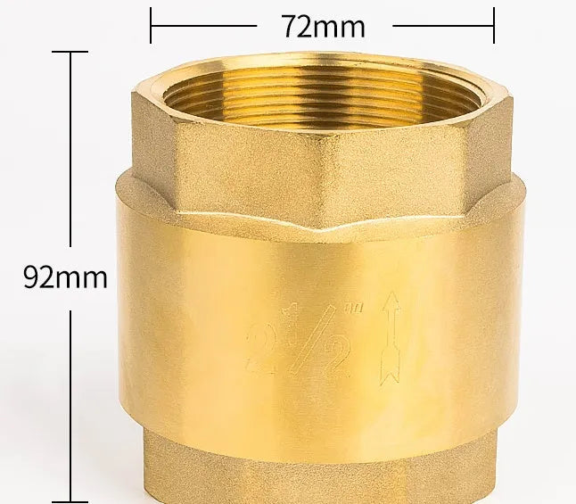 Brass check valve with threaded ends shown in horizontal and vertical orientations for pipe installation.