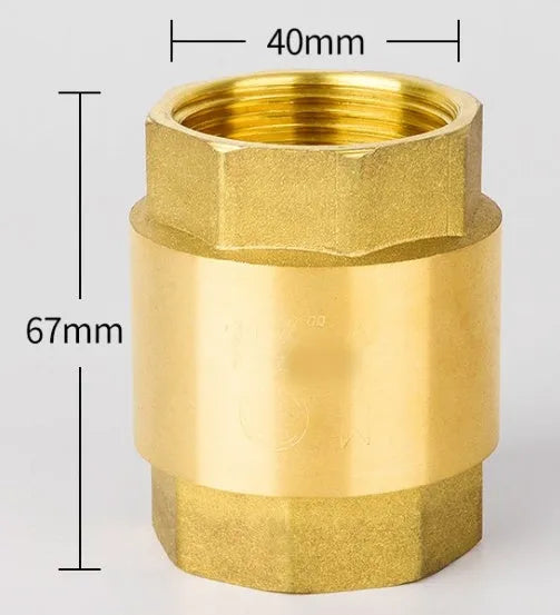 Brass check valve with threaded ends shown in horizontal and vertical orientations for pipe installation.