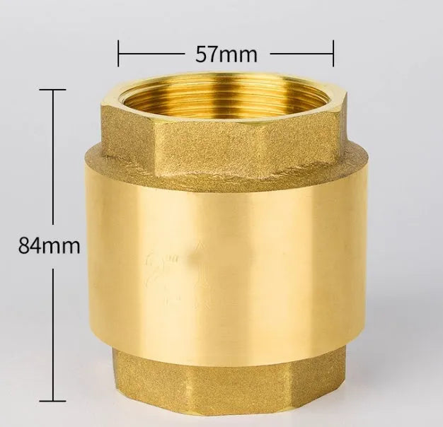 Brass check valve with threaded ends shown in horizontal and vertical orientations for pipe installation.
