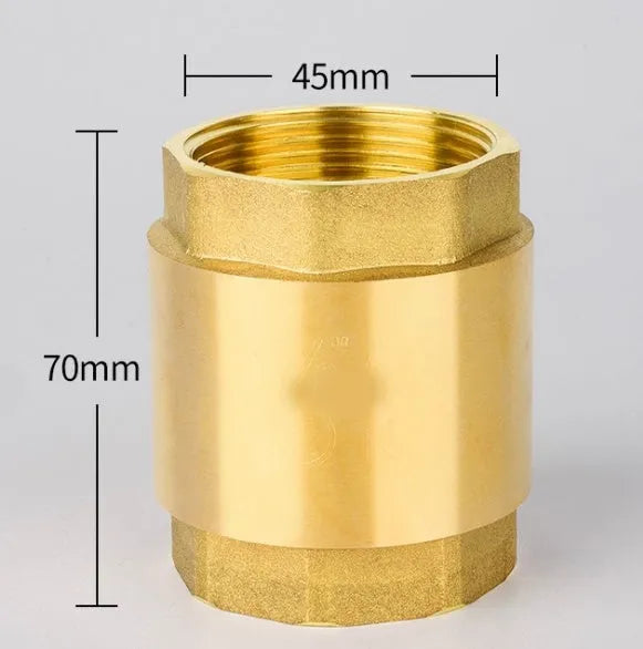Brass check valve with threaded ends shown in horizontal and vertical orientations for pipe installation.