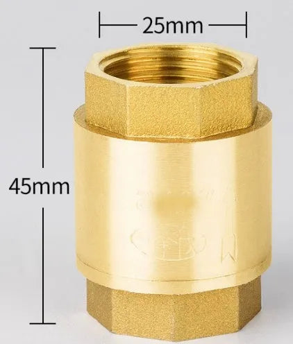 Brass check valve with threaded ends shown in horizontal and vertical orientations for pipe installation.