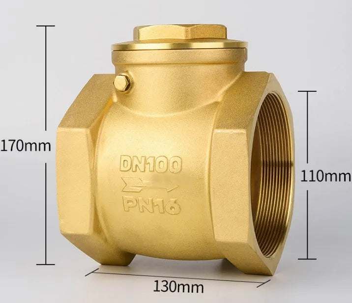 Brass check valve with threaded ends shown in horizontal and vertical orientations for pipe installation.