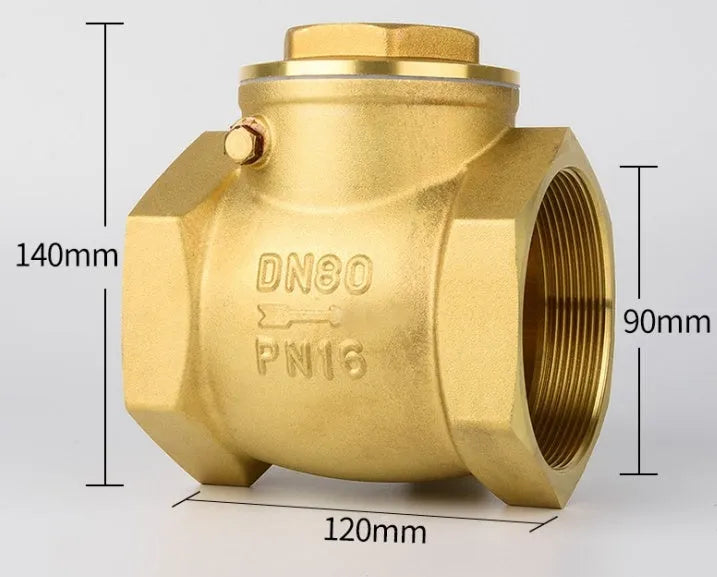 Brass check valve with threaded ends shown in horizontal and vertical orientations for pipe installation.