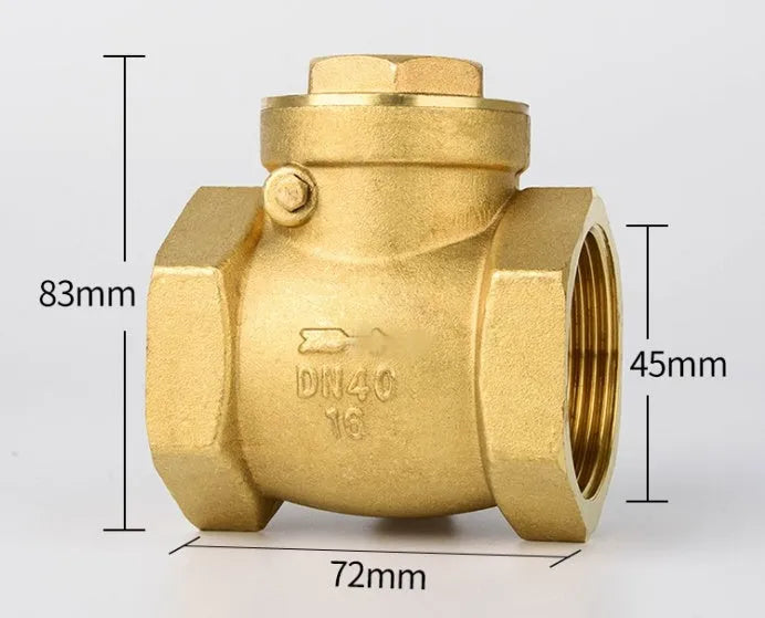 Brass check valve with threaded ends shown in horizontal and vertical orientations for pipe installation.