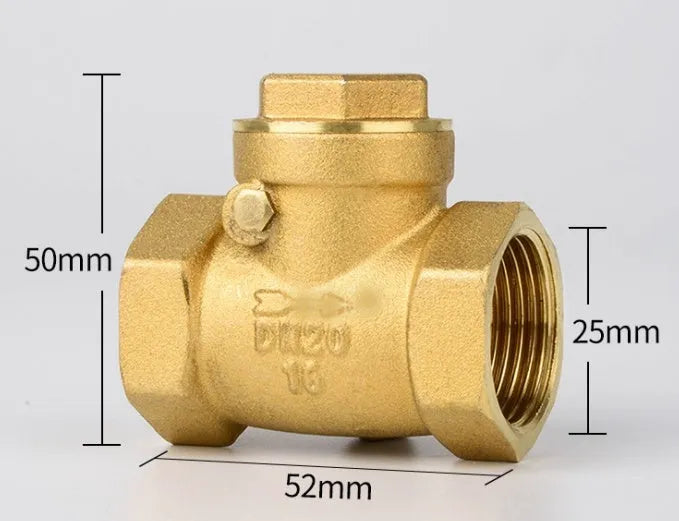 Brass check valve with threaded ends shown in horizontal and vertical orientations for pipe installation.