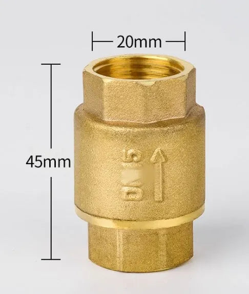 Brass check valve with threaded ends shown in horizontal and vertical orientations for pipe installation.