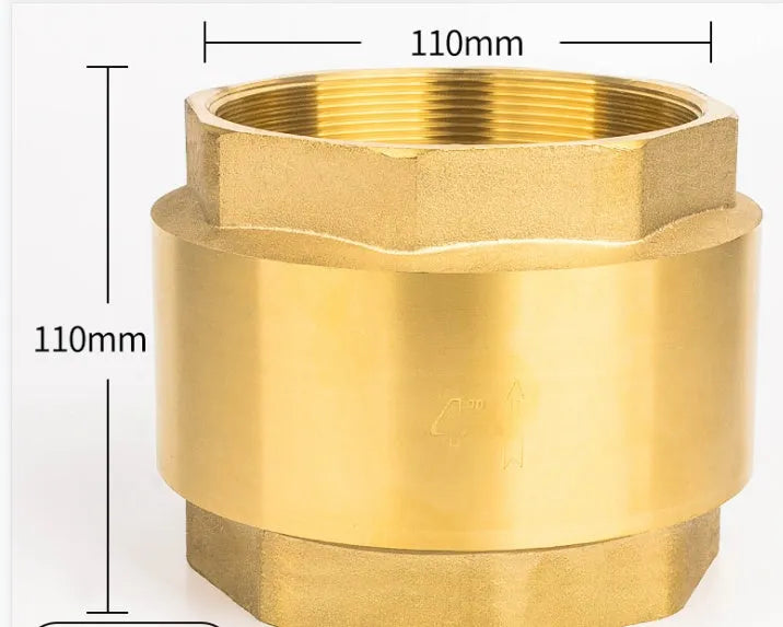 Brass check valve with threaded ends shown in horizontal and vertical orientations for pipe installation.