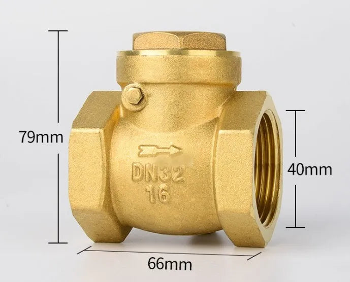 Brass check valve with threaded ends shown in horizontal and vertical orientations for pipe installation.