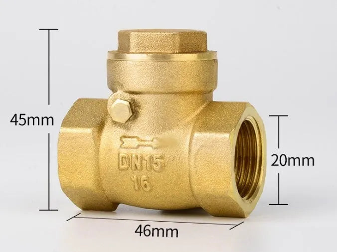 Brass check valve with threaded ends shown in horizontal and vertical orientations for pipe installation.
