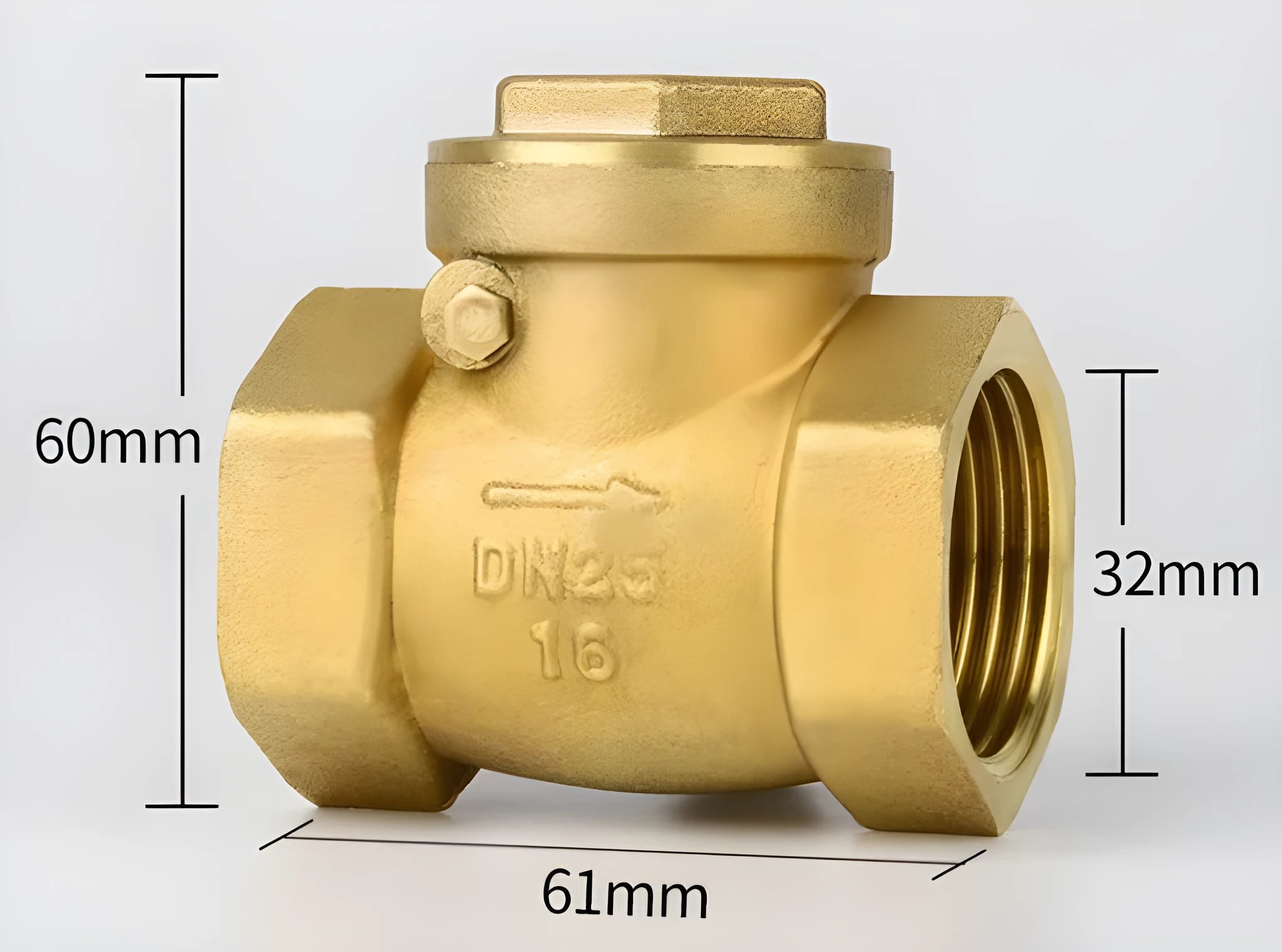 Brass check valve with threaded ends shown in horizontal and vertical orientations for pipe installation.