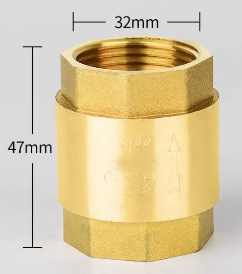 Brass check valve with threaded ends shown in horizontal and vertical orientations for pipe installation.
