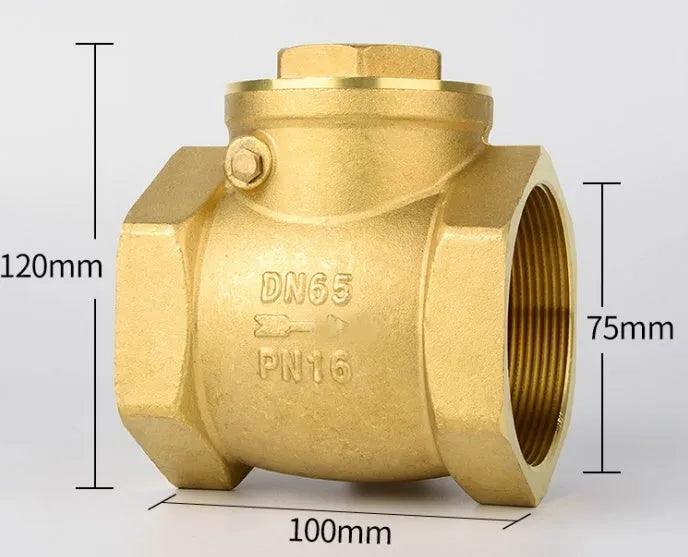 Brass check valve with threaded ends shown in horizontal and vertical orientations for pipe installation.