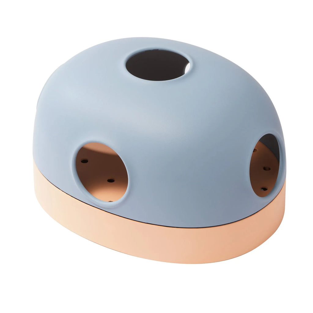 Cat turntable toy in PP and TPE with roller ball, shown in pink purple, blue grey, and avocado green