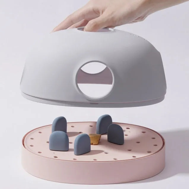 Cat turntable toy in PP and TPE with roller ball, shown in pink purple, blue grey, and avocado green