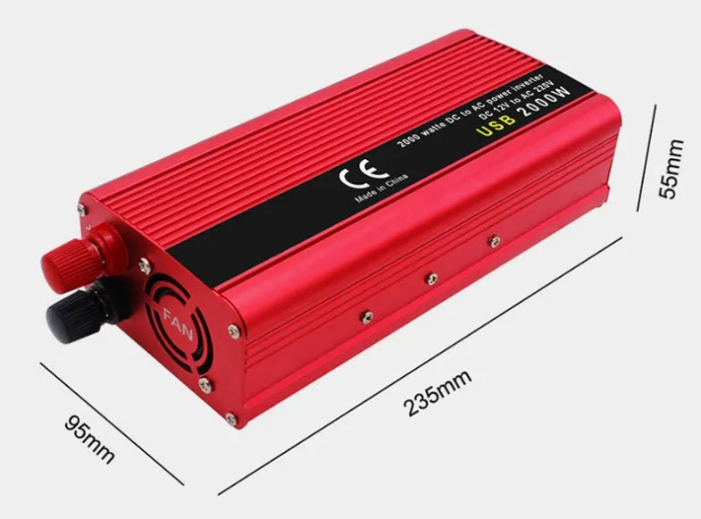 2000W sine wave car inverter with dual USB ports, DC 12V 24V input, 27x15x7 cm size