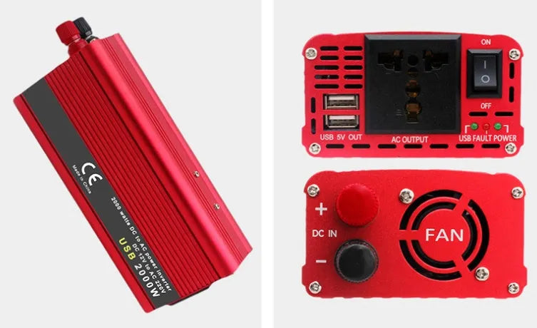 2000W sine wave car inverter with dual USB ports, DC 12V 24V input, 27x15x7 cm size