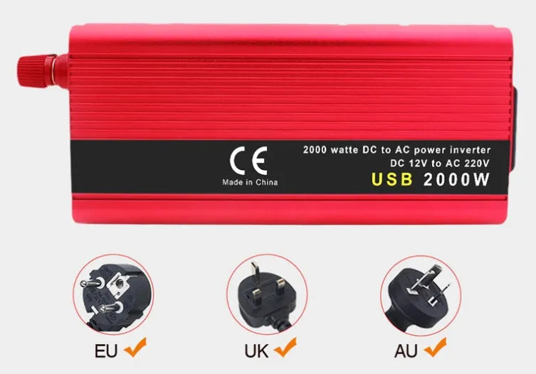 2000W sine wave car inverter with dual USB ports, DC 12V 24V input, 27x15x7 cm size