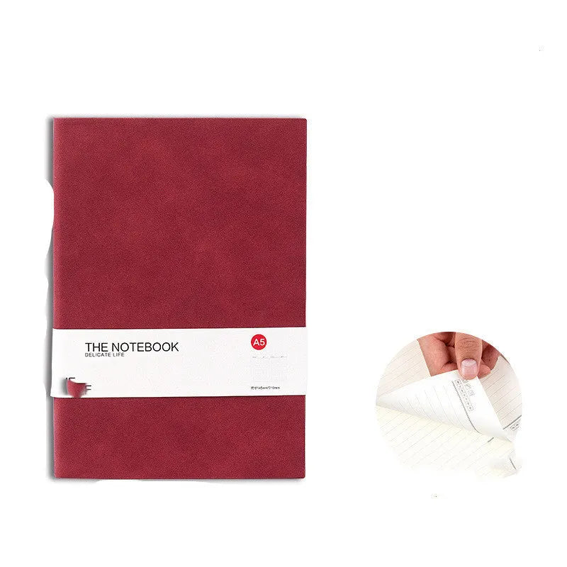 Solid colour A5 notebook with thickened 160 pages, shown in green, navy, red, grey, and brown.