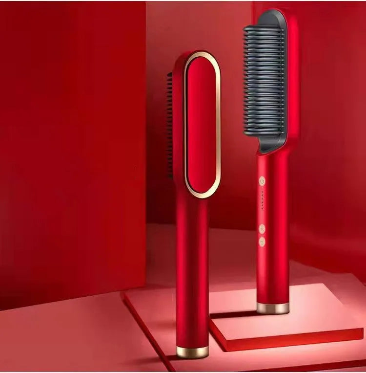 Red and black dual-function 2-in-1 hair straightener and curling tong hot comb on a white background