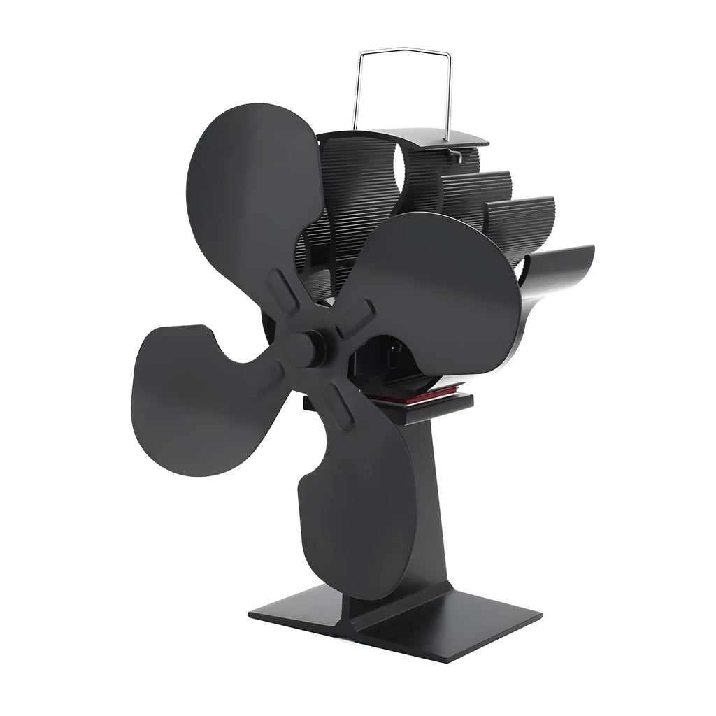 Black Yotsuba style heat-powered fireplace fan for wood stoves with metal blades