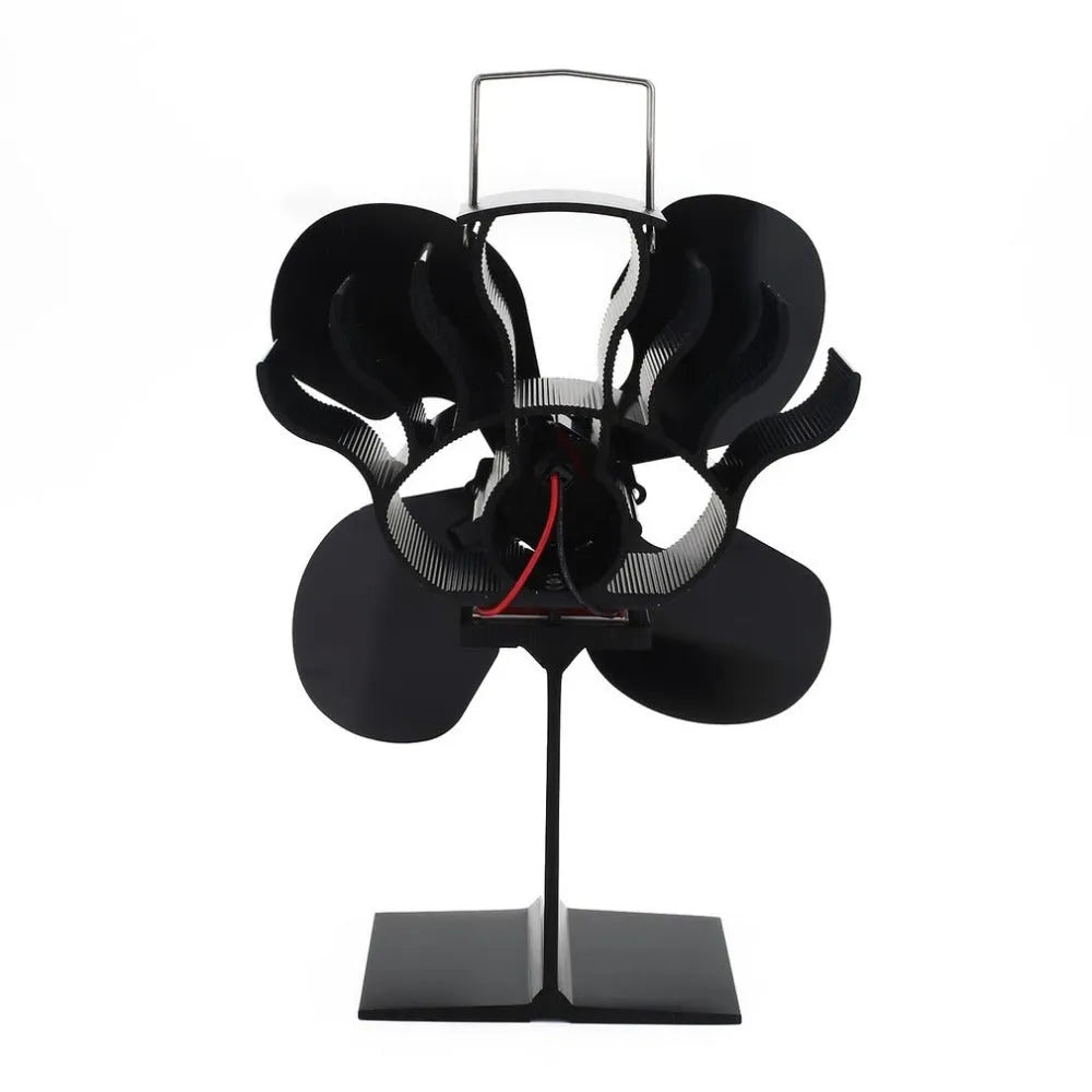 Black Yotsuba style heat-powered fireplace fan for wood stoves with metal blades
