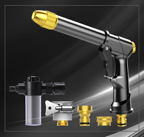 All-metal telescopic garden hose extended to full length with spray gun showing four pattern options