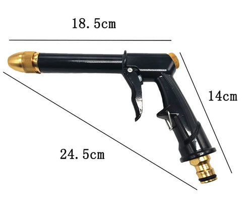 All-metal telescopic garden hose extended to full length with spray gun showing four pattern options