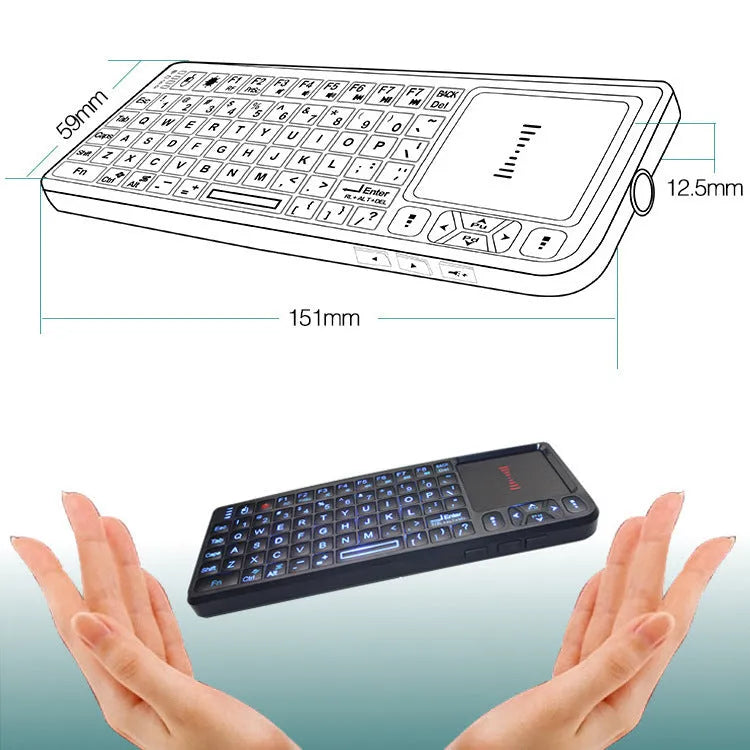 Mini wireless Bluetooth laser touch keyboard flying squirrel with 7-colour backlight, black ABS casing, 69 keys