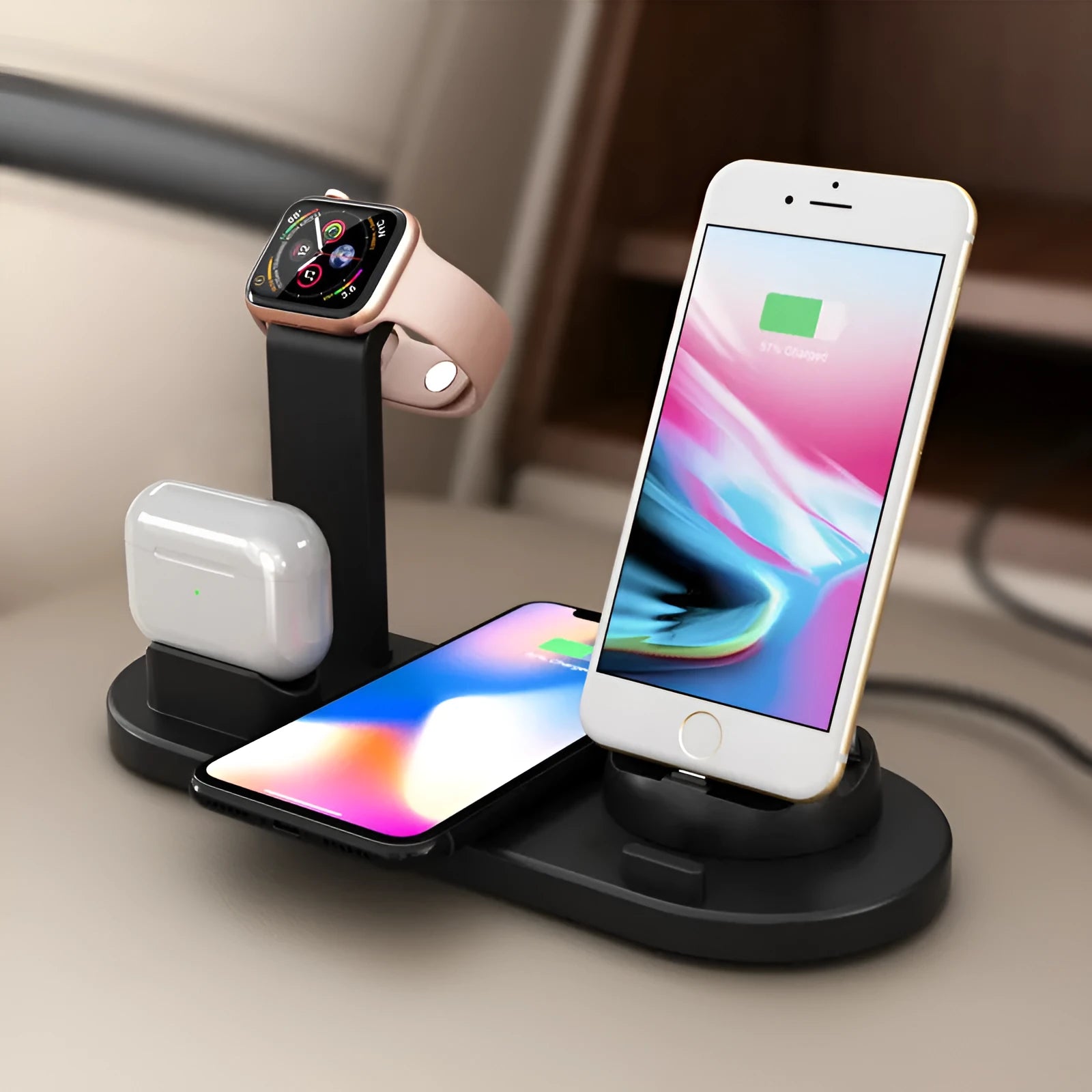 Three-in-one wireless charger bracket for iPhone in black or white with USB connection