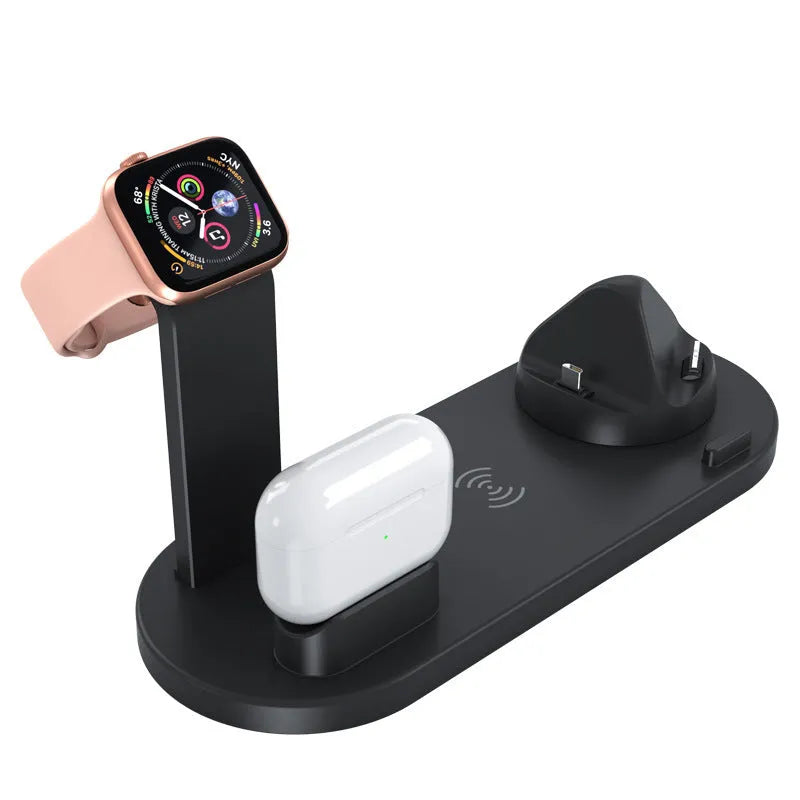 Three-in-one wireless charger bracket for iPhone in black or white with USB connection